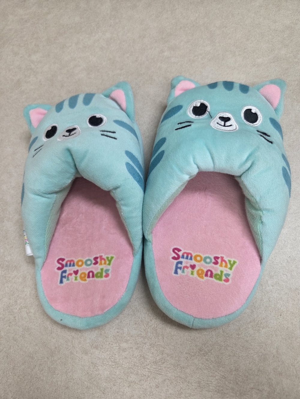Smooshy Friends Teal Blue Kitty Plush Kids Slippers